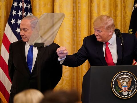 US President Donald Trump delivers joint remarks on a Middle East peace plan with Israel's Prime Minister Benjamin Netanyahu in the East Room of the White House in Washington on January 28, 2020.