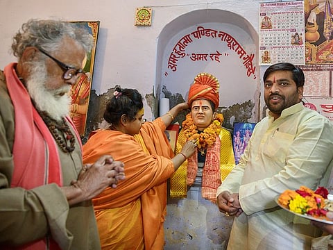A statue of Nathuram Vinayak Godse, who shot Gandhi to death, at the office of Hindu Mahasabha, a group that espouses militant Hindu nationalism, in Meerut, India, Jan. 30, 2020. As Hindu nationalism continues its march across India, a cult of personality is rising around Godse.