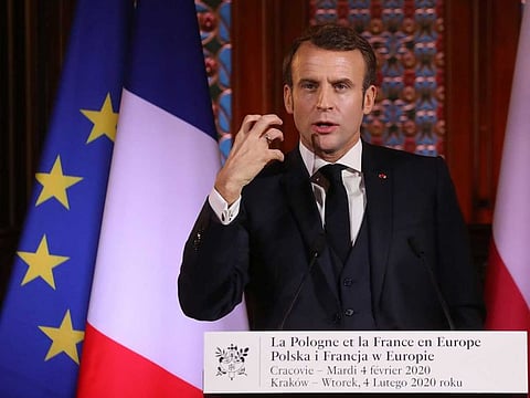 French President Emmanuel Macron gives a speech on Poland and France in Europe at Jagellonne University on February 4, 2020 in Krakow, Poland.