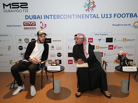Manchester United goalkeeper David De Gea (left) with Saeed Hareb, Secretary General of Dubai Sports Council, at the launch of the Under-13 Intercontinental Football Cup on Wednesday.