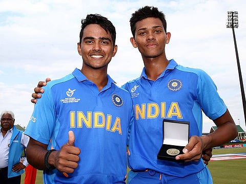 India’s Yashasvi Jaiswal and Divyaansh Saxena celebrate after winning against Pakistan during the ICC U-19 World Cup Semi-Final match in Potchefstroom on Tuesday.