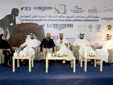 Officials speak at the preview for the HH Sharjah Ruler Cup International Show Jumping Championship