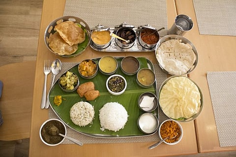 A typical vegetarian Andhra Thali at Sri Krishna Bhavan Restaurant in Karama, Dubai.