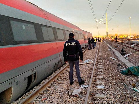 This image provided by the Italian State Police shows part of the Frecciarossa speed train that derailed near Lodi, northern Italy, on Thursday.