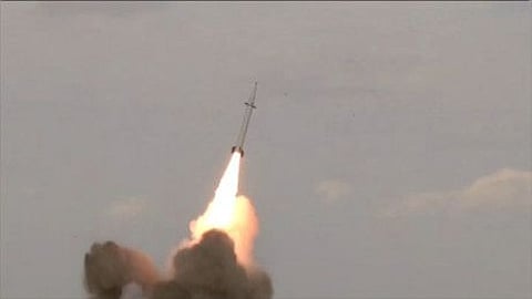 An image grab from footage obtained from the state-run Iran Press news agency on February 9 shows the launch of the new Raad-500 missile, a short-range ballistic missile by Iran’s Islamic Revolutionary Guard Corps (IRGC) that they say can be powered by a “new generation” of engines designed to put satellites into orbit.