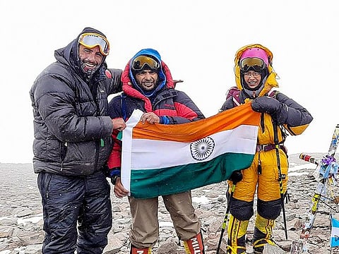 **EDS: TWITTER IMAGE POSTED BY @indiannavy, SUNDAY, FEB. 9, 2020** Argentina: Kaamya Karthikeyan, a class 7 student of Navy Children School from Mumbai became the youngest girl in the world to summit Mt Aconcagua at 6962 m, the highest peak in South America & outside of Asia. She unfurled the Indian tricolour there on Feb. 1, 2020. Aconcagua is a mountain in the Principal Cordillera of the Andes mountain range, in Mendoza Province, Argentina. (PTI Photo)(PTI2_9_2020_000102B)