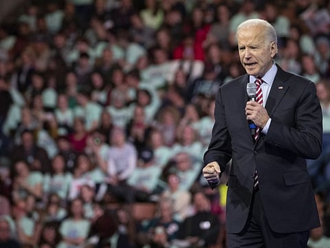 Democratic presidential candidate former Vice President Joe Biden speaks during the McIntyre-Shaheen 100 Club Dinner on February 8, 2020, in Manchester, New Hampshire.