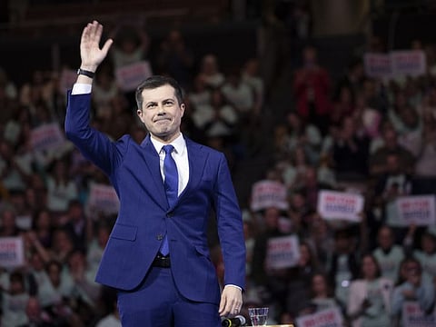 Democratic presidential candidate former South Bend, Ind., Mayor Pete Buttigieg waves at the crowd during the McIntyre-Shaheen 100 Club Dinner on February 8, 2020, in Manchester, New Hampshire.