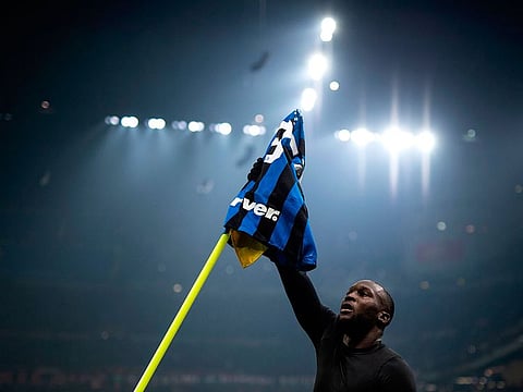 Inter Milan's forward Romelu Lukaku celebrates after scoring his side's fourth goal against AC Milan