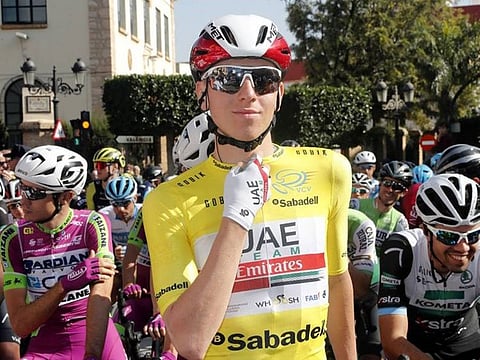 Tadej Pogacar celebrates his victory in the Vuelta Valenciana