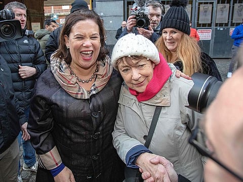 Irish republican Sinn Fein party leader Mary Lou McDonald reacts as she meets members of the public during a walkabout in the centre of Dublin, Ireland on February 10, 2020.