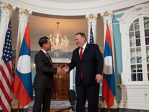 Secretary of State Mike Pompeo, right, meets with Laotian Foreign Minister Saleumxay Kommasith, at the State Department. in Washington, Tuesday, Jan. 28, 2020.