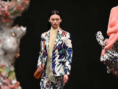Model He Cong presents a creation from the Tory Burch Fall/Winter 2020 collection during fashion week in New York, U.S., February 9th, 2020.