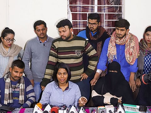 Jamia Coordination Committee members address a press conference in New Delhi, Wednesday, Feb. 12, 2020.