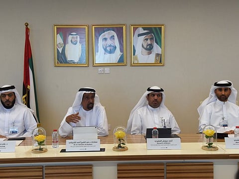 ( L TO R) Dr. Ali Al Marzouqi, Director of the Research Department,Dr. Hamad bin Sheikh Ahmed Al Shaibani, Director General of IACAD,Ahmed Al Muhairi, Executive Director of the Charity Sector and Marwan M. Al Shahi, Legal Director , during the press conference to discuss the latest administrative
decisions around regulations of printing the Quran and religious publications in Dubai at International Institute for Tolerance, Al Futtaim building, Festival City on 12 FEB 2020 photo; Atiq Ur Rehman /Gulf News