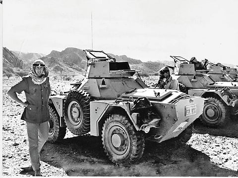 David Neild, pictured here beside a tank, first arrived in 1959 aged 21 and was the youngest officer in the Trucial Oman Scouts