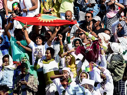 Ethiopian expatriates while Dr. Abiy Ahmed Ali, the Prime Minister of Ethiopia addresses at Shabab Al Ali club in Al Aweer, Dubai. 14th February 2020. Photo: Ahmed Ramzan/Gulf News