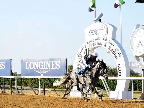Omani apprentice Saif Al Balushi, aboard Af Momtaz, winning the second running of the GCC Cup presented by Longines Master Collection at the Sharjah Racing & Equestrian Club on Saturday.