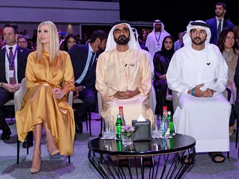 Sheikh Mohammed bin Rashid, Vice President and Ruler of Dubai, Sheikh Hamdan bin Mohammed, Crown Prince of Dubai, and Ivanka Trump attend the Global Women's forum in Dubai.