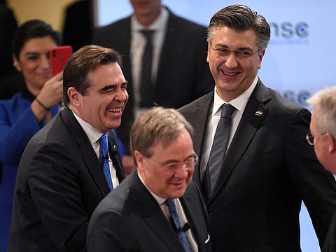 Croatia's Prime Minister Andrej Plenkovic, State Premier of Germany's North-Rhine Westphalia Armin Laschet, and European Commission Vice-President for Promoting the European Way of Life Margaritis Schinas at the Munich Security Conference in Germany on February 16, 2020.
