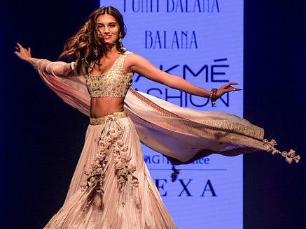 Tara Sutaria presents a creation by Punit Balana during the Lakme Fashion Week 2020 Summer/Resort fashion show in Mumbai on February 15, 2020.