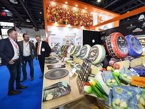 Visitors at the Veldhuyzen Kaas Stand at the Gulfood 2020 Exhibition being held at the Dubai World Trade Center.