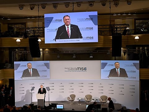 US Secretary of State Mike Pompeo speaks on the podium during the 56th Munich Security Conference on Saturday.