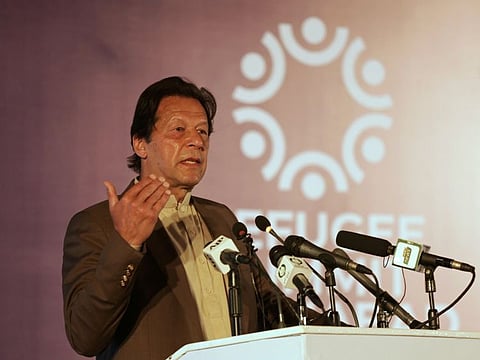 Pakistan's Prime Minister Imran Khan speaks during an international conference on the future of Afghan refugees living in Pakistan, organized by Pakistan and the UN Refugee Agency in Islamabad on Monday.