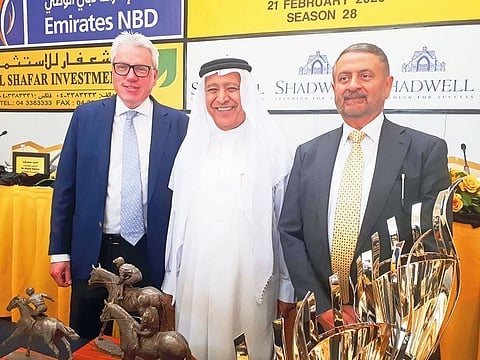 Mirza Al Sayegh (C1), Shareef al Halwani (R) and Ed Prosser at a press conference to announce Keeneland’s sponsorship debut at Jebel Ali Racecourse this weekend.