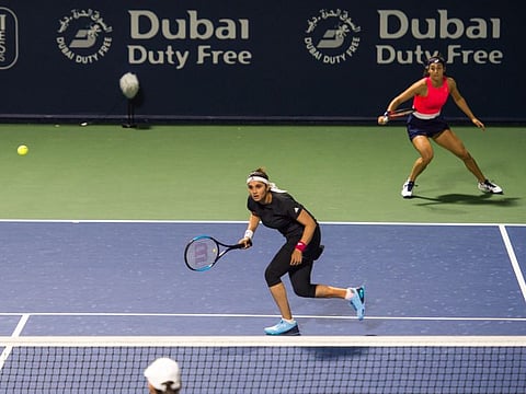 Sania Mirza of India and Caroline Garcia of France in action against AllaKudryavtseca of Russia and Katarina Srebotnik of Slovakia in the Dubai Duty Free Tennis Championships on Tuesday 18 February 2020. Photo: Virendra Saklani/Gulf News