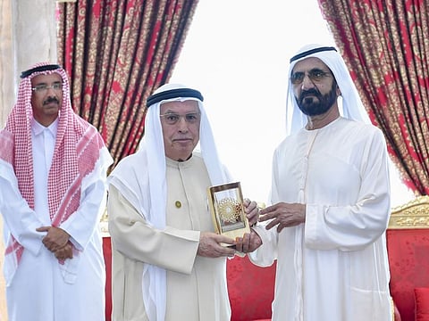 Sheikh Mohammed Bin Rashid Al Maktoum, Vice-President and Prime Minister of the UAE and Ruler of Dubai honouring Ibrahim Al Abed, Emirati veteranWAM