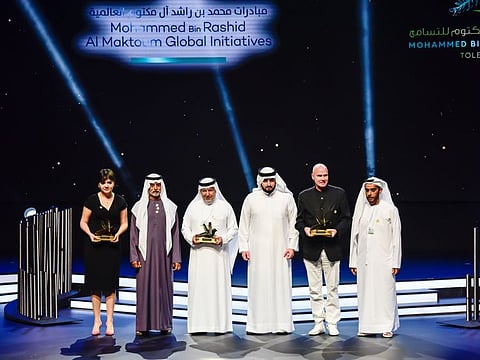 Shaikh Ahmad Bin Mohammad Bin Rashid Al Maktoum and Shaikh Nahyan Bin Mubarak Al Nahyan, UAE Minister of Tolerance pose for a group photo afte giving Mohammad Bin Rashid Al Maktoum Tolerance Award to Dr. Abdullah Al Rubaia from Saudi Arabia, Dr. Hubertus Hoffmann from Germany and Rania Ali from Austria at Dubai Opera on Wednesday 19 February 2020. Photo: Virendra Saklani/Gulf News