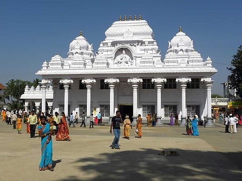 White color pillar building of Narayanappa Mutt in Kaivara, Karnataka, India.