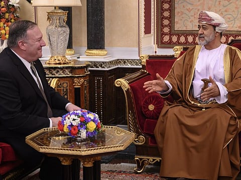 Oman's Sultan Haitham bin Tariq meets with US Secretary of State Mike Pompeo (L) at al-Alam palace in the capital Muscat on February 21, 2020. (Photo by ANDREW CABALLERO-REYNOLDS / AFP)