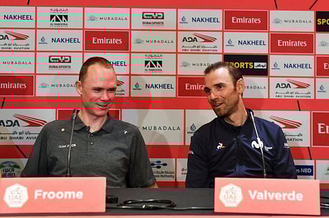 Four-time Tour de France winner Chris Froome (left) and Alejandro Valverde during the press conference for UAE Tour on Saturday.