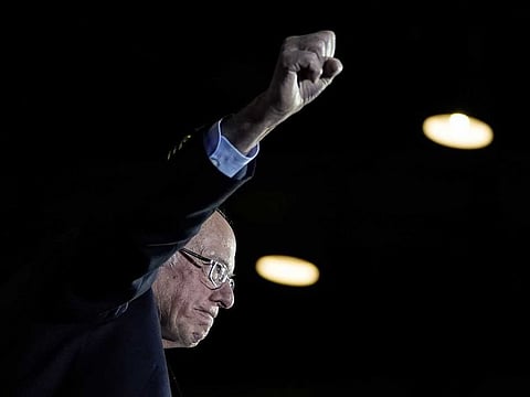 Democratic presidential candidate Senator Bernie Sanders onstage after winning the Nevada caucuses during a campaign rally at Cowboys Dancehall in San Antonio, Texas, on February 22, 2020.