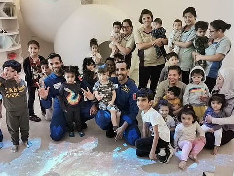 Emirati astronauts Hazzaa AlMansoori and Sultan Al Neyadi visit children at Nursery of the Future in Dubai