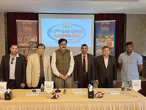 The India Club badminton officials from left: Jaffar Ebrahim (Dubai Badminton Development Manager, BWF) Bharat Chachara (CEO, India Club), Sunil Singh (Board of Trustee & Head of the Badminton Tournament Committee), Suresh Menon (Sports Secretary, India Club ) and Girish Chand (Badminton Tournament Committee Member), Ravi B M (Li-Ing) announce the staging of the 43rd edition of the India Club UAE Open Badminton tournament.