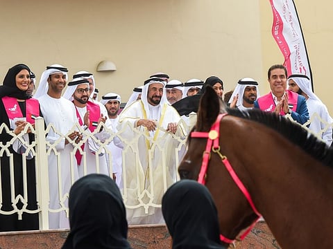 Shaikh Dr Sultan Bin Muhammad Al Qasimi, Member of the Supreme Council and Ruler of Sharjah looks at riders at the launch of the 10th Edition of the Pink Caravan Ride, an initiative of the Friend of Cancer Patients, at the Sharjah Equestrian and Racing Club, Sharjah.