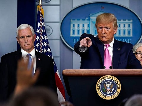 President Donald Trump speaks during a news conference in the Brady Press Briefing Room of the White House