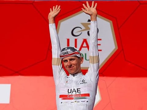 Tadej Pogacar wears a satisfied look after winning the fifth stage of the UAE Tour today.