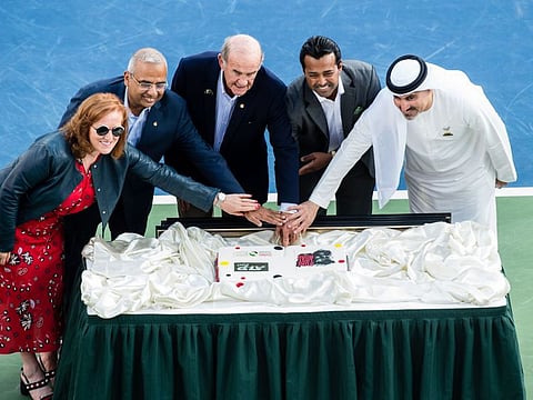 Indian tennis player Leander Paes with olm McLaughlin, Salah Tahlak, Ramesh Cidambi and Sinead El Sibai cutting a cake during a fecilitation ceremony after his retirement at Dubai Duty Free Tennis Championships on Friday 28 February 2020. Photo: Virendra Saklani/Gulf News