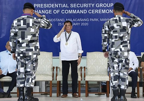 Philippine President Rodrigo Duterte salutes during the Presidential Security Group Change of Command ceremony at the PSG Compound in Malacañang Park, Manila on February 25. Philippine President Rodrigo Duterte on Wednesday said Filipino forces can fight insurgents and extremists without American military help in a defense of his recent move to notify the United States of his government's intent to terminate a major security pact.