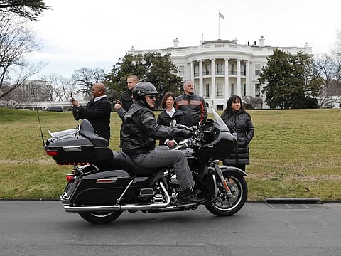 Harley Davidson President and CEO Matthew S. Levatich rides his motorcycle onto the South Lawn of the White House. Levatich stepped down Friday after failing to arrest a chronic sales slump, leaving the iconic American motorcycle maker midway through a multiyear makeover.
