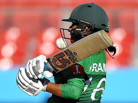 Pakistan's Iram Javed goes for a pull during during their Twenty20 Women's World Cup match against South Africa in Sydney on Sunday.