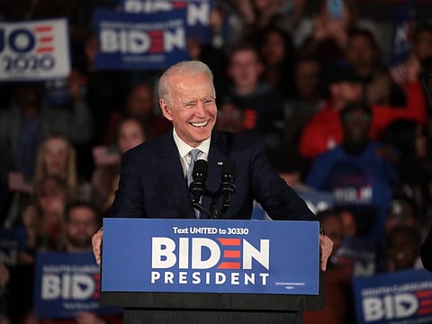 Democratic presidential candidate former Vice-President Joe Biden celebrates with his supporters after declaring victory at an election-night rally at the University of South Carolina Volleyball Center on Saturday in Columbia, South Carolina. The next big contest for the Democratic candidates will be Super Tuesday on March 3, when 14 states and American Samoa go to the polls.