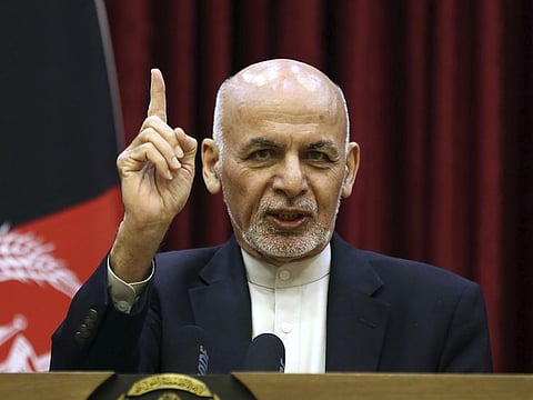 Afghan President Ashraf Gani speaks during a news conference in the presidential palace in Kabul, Afghanistan, on Sunday. Gani said he won’t be releasing the 5,000 prisoners the Taliban say must be freed before intra-Afghan negotiations can begin.