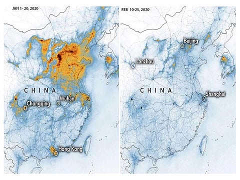 Satellite images have shown a dramatic decline in pollution levels over China, which is 'at least partly' due to an economic slowdown prompted by the coronavirus, US space agency Nasa says.