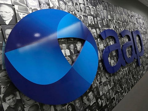 The logo of Australian Associated Press is seen in its Rhodes headquarters in Sydney, Tuesday, March 3, 2020. National news agency Australian Associated Press announced on Tuesday that it is closing after 85 years.