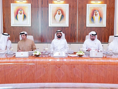 His Highness Shaikh Mohammad Bin Rashid Al Maktoum, Vice-President and Prime Minister of the UAE, at the cabinet meeting with Shaikh Mansour Bin Zayed Al Nahyan, Deputy Prime Minister and Minister of Presidential Affairs, Shaikh Hamdan Bin Rashid Al Maktoum, Deputy Ruler of Dubai and Minister of Finance, Shaikh Nahayan Mabarak Al Nahayan, Minister of Tolerance, and Mohammad Abdullah Al Gergawi, Minister of Cabinet Affairs and the Future. WAM